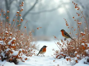 Winter Wildlife Garden - Snowy scene of a wildlife garden featuring plants with winter interest like seedheads and berries, with birds feeding on natural food sources