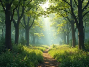 Woodland Edge Garden - Natural transition zone featuring native understory trees and shrubs, dappled light, wildlife visible at different levels