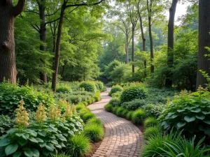 Woodland Edge Habitat - Wide shot of a layered garden border mimicking a woodland edge, with trees, shrubs, and shade-loving perennials creating diverse wildlife habitats