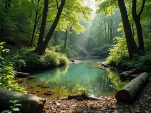 Woodland Pond Setting - A shaded wildlife pond surrounded by woodland plants and fallen logs, with a natural leaf-strewn edge and dappled sunlight