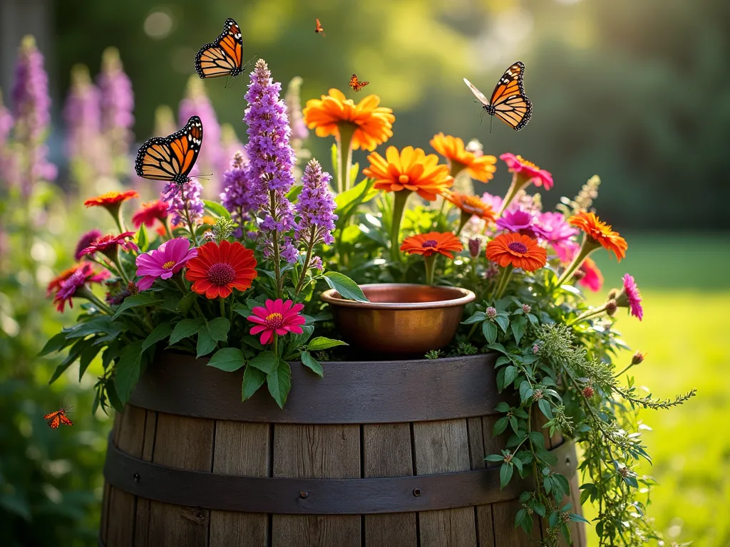 Butterfly Haven Wine Barrel Garden - A rustic oak wine barrel planter in a sunny garden setting, artistically transformed into a butterfly sanctuary. The wide-mouthed barrel overflows with vibrant purple butterfly bush, orange lantana, pink cosmos, and red butterfly weed. A small copper water dish is nestled among the flowers, catching golden afternoon sunlight. Several monarch and swallowtail butterflies hover around the blooms. Close-up perspective capturing the natural beauty and detail of both flowers and butterflies, with a soft bokeh effect of a lush garden in the background. The weathered wood texture of the barrel adds character while trailing verbena cascades down its sides.