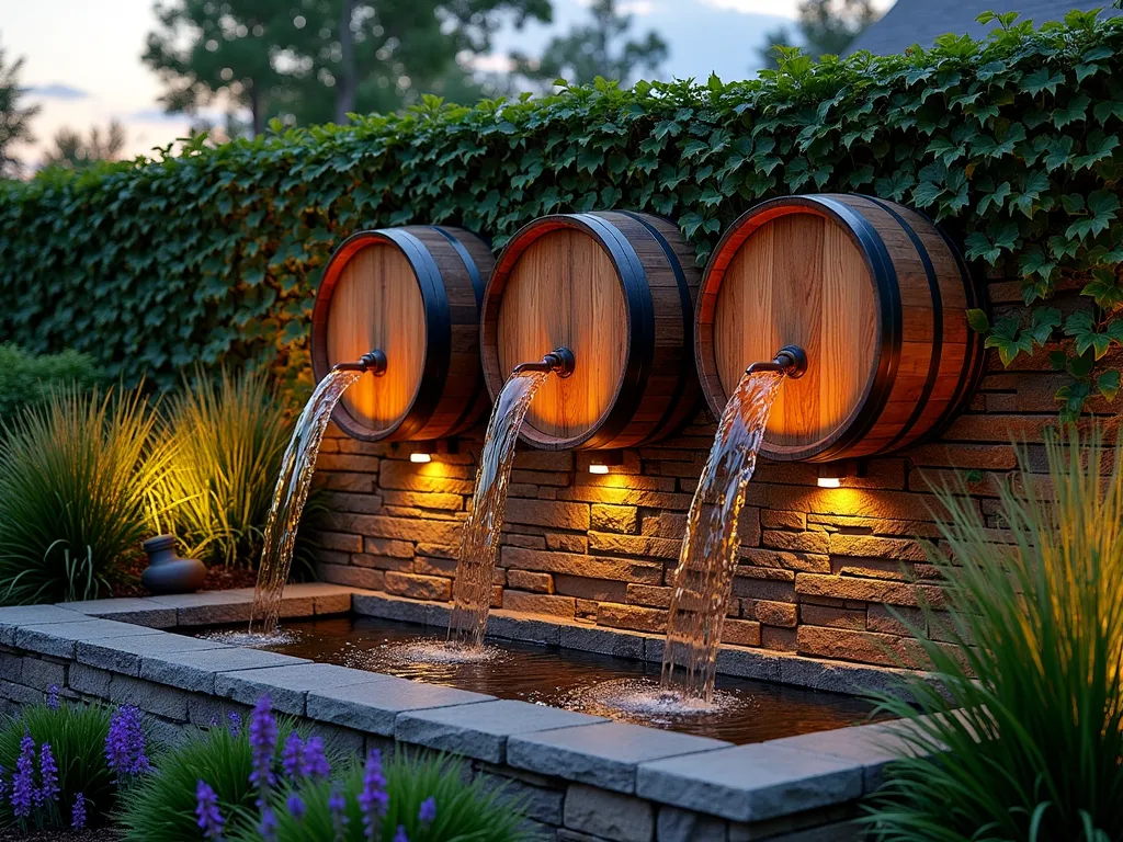 Cascading Wine Barrel Water Wall - A stunning twilight photograph of a modern garden wall featuring three antique oak wine barrels, expertly halved and mounted in a cascading arrangement. Crystal-clear water gracefully flows from copper spouts between each barrel, creating a mesmerizing waterfall effect. The barrels retain their authentic wooden texture and metal rings, while soft landscape lighting illuminates the water's movement. The feature is surrounded by lush Boston ivy climbing the stone wall, with ornamental grasses and purple salvias at the base. Shot with a wide-angle lens at golden hour, capturing the interplay of fading sunlight on the falling water and the warm wood tones of the barrels. The composition shows both the entire water feature and surrounding landscaping, while detailed water droplets are visible in the gentle cascade.