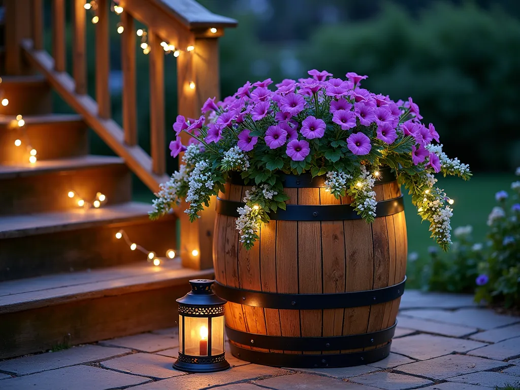 Magical Evening Wine Barrel Planter - A stunning twilight garden scene featuring a rustic oak wine barrel planter on a stone patio, overflowing with cascading purple petunias and white trailing lobelia. Solar-powered warm LED lights are artfully woven around the barrel's metal rings, creating a ethereal glow. The barrel is positioned near weathered wooden deck stairs, with soft bokeh lighting effects highlighting the dramatic contrast between the illuminated flowers and the dusky blue evening sky. Delicate light beams dance through the trailing flowers, casting intricate shadows on the surrounding natural stone pavers. A vintage copper lantern sits nearby, adding to the enchanting atmosphere.