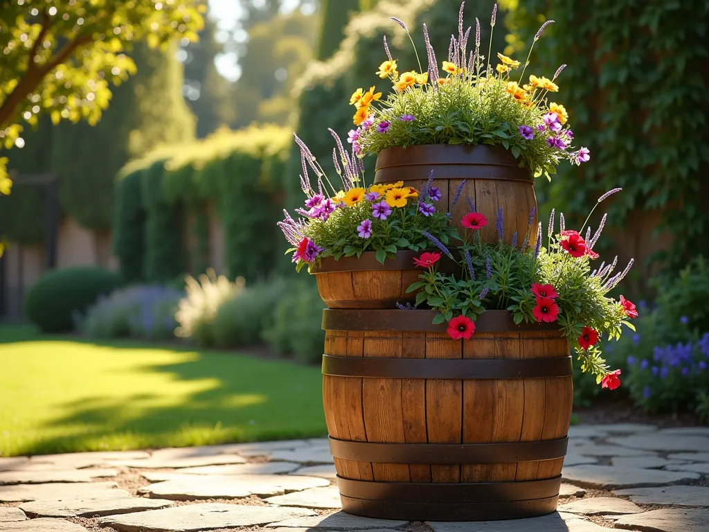 Rustic Wine Barrel Tiered Plant Display - A stunning DSLR wide-angle photograph of a rustic tiered plant stand made from three stacked wine barrel sections in a peaceful garden setting. The barrels are artfully arranged in descending sizes, creating an elegant cascade effect. The bottom barrel is full-size, the middle is half-height, and the top is quarter-height, each weathered to a rich brown patina. Colorful cascading petunias spill over the edges of the top barrel, while lavender and rosemary fill the middle tier, and dramatic ornamental grasses emerge from the bottom. Golden late afternoon sunlight filters through nearby trees, casting dappled shadows across the scene. The background features a natural stone patio and climbing ivy on a distant garden wall. The photograph is captured at f/8 for optimal depth of field, highlighting the intricate wood grain texture of the barrels while maintaining focus on the lush plantings.