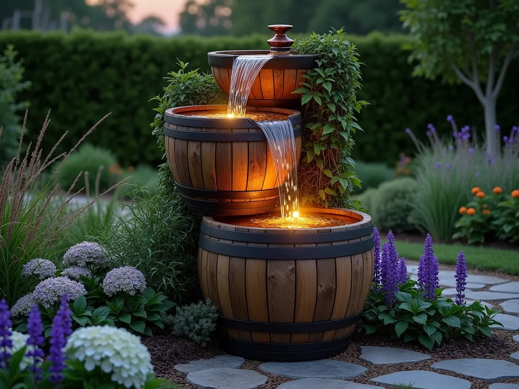 Rustic Wine Barrel Garden Cascade - A stunning twilight garden scene featuring a three-tiered wine barrel water fountain, masterfully stacked and offset against lush landscaping. Water gracefully cascades from the top barrel through copper spouts into lower barrels, creating gentle waterfalls. Warm LED lights illuminate the falling water, casting a golden glow on the rich oak wood textures. Surrounded by ornamental grasses, purple salvia, and white hydrangeas. Natural stone pavers frame the feature, while climbing jasmine delicately wraps around the lowest barrel. Shot from a 45-degree angle to capture both the height and depth of the installation, with subtle mist rising from the water in the evening light. Photorealistic, ultra-detailed, architectural photography style.