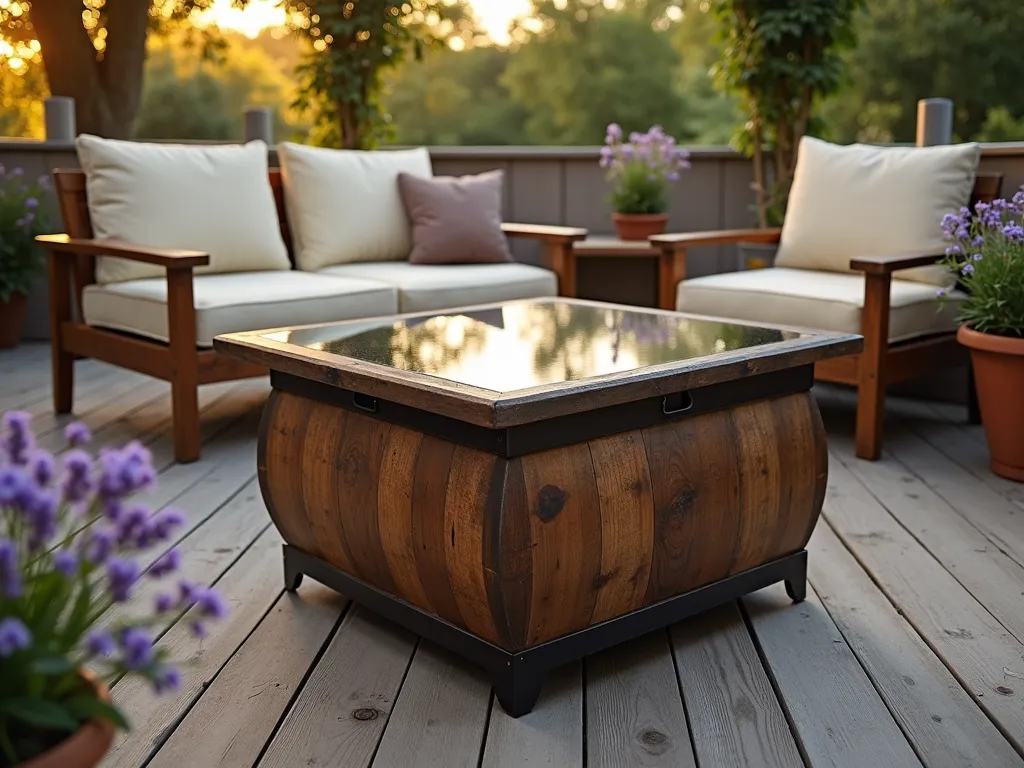 Rustic Wine Barrel Coffee Table with Glass Top - A professionally photographed rustic outdoor patio scene at golden hour, featuring a repurposed horizontal wine barrel transformed into an elegant coffee table. The barrel maintains its authentic oak wood texture and rich brown tones, topped with a sleek rectangular glass surface that catches the warm evening light. The table is positioned on a weathered deck, surrounded by comfortable outdoor furniture with cream-colored cushions. The hinged top is partially opened, revealing clever storage space inside. Potted lavender plants and climbing jasmine on nearby trellises add natural elements to the scene. Shot with a DSLR camera at f/8, capturing the intricate wood grain details and ambient lighting, with a shallow depth of field that softly blurs the garden background.