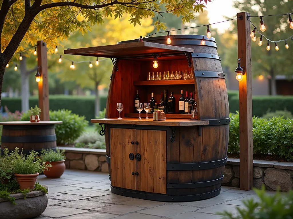 Rustic Wine Barrel Garden Bar - A rustic oak wine barrel transformed into an elegant outdoor bar station, photographed at golden hour in a garden patio setting. The barrel features a beautifully hinged wooden door, opened to reveal built-in glass shelving stocked with wine glasses and bottles. The exterior maintains its authentic barrel patina, complemented by wrought iron hardware. Soft evening light filters through nearby Japanese maple trees, casting warm shadows across the natural stone patio. A copper pendant light hangs above, creating an intimate atmosphere. The bar is staged with artisanal wine glasses, a vintage corkscrew, and fresh herb garnishes in small terracotta pots. Shot with a wide-angle lens at f/8, capturing the surrounding garden landscape with string lights draped overhead between wooden posts. DSLR photo with natural lighting and rich depth of field.