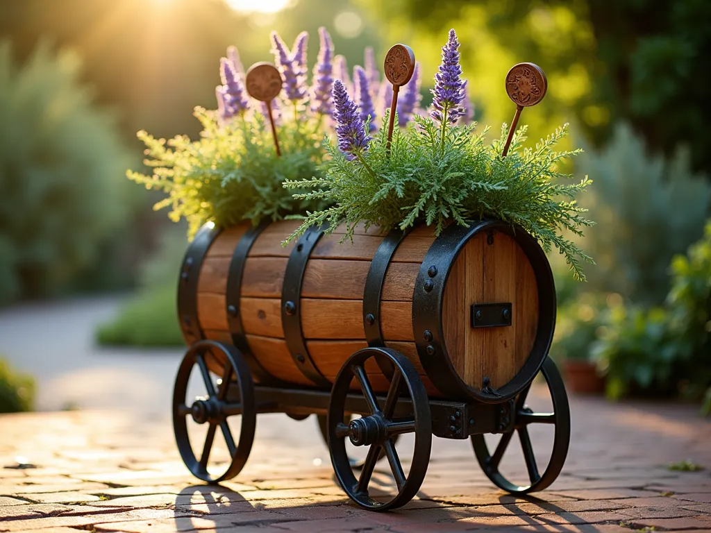 Rustic Wine Barrel Mobile Garden Cart - A charming rustic half wine barrel mounted on vintage-style iron wheels, transformed into a mobile garden cart, photographed in late afternoon golden sunlight on a brick patio. The barrel is filled with cascading Mediterranean herbs and purple sage, with copper plant markers. The weathered oak barrel features ornate metal bands and sits atop a custom-built wrought iron frame with large spoke wheels. Soft bokeh effect in background showing a cottage garden setting. Close-up angle highlighting the textural contrast between the aged wood, flourishing herbs, and metalwork. Photorealistic, high detail, warm atmospheric lighting.