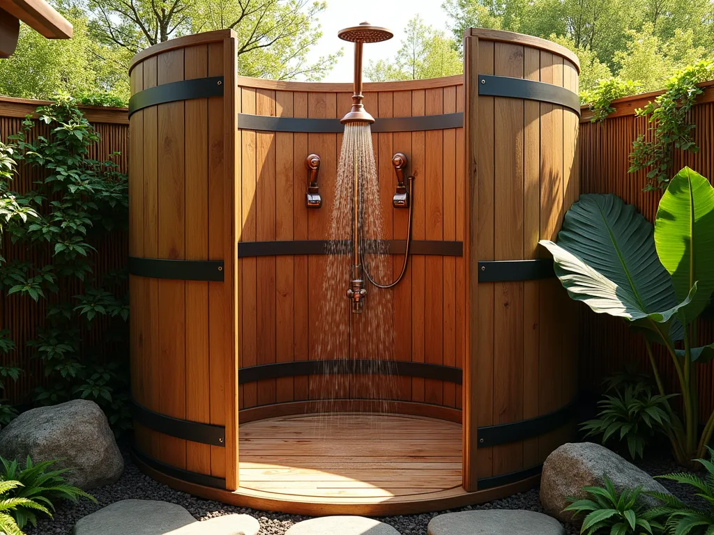 Rustic Wine Barrel Outdoor Shower Haven - A serene outdoor shower enclosure photographed during golden hour, featuring recycled wine barrel staves forming curved privacy walls in a semi-circular design. The shower space is set against a lush garden backdrop with climbing jasmine and ferns. Natural cedar decking forms the floor with integrated drainage. Copper shower fixtures mounted on a central barrel section create a focal point, while dappled sunlight filters through overhead bamboo screening. The enclosure is partially surrounded by river rocks and tropical plants for a spa-like atmosphere. Shot with a wide-angle lens to capture the entire structure while emphasizing the warm wood tones and natural textures. Professional lighting highlights the interplay between the curved barrel staves and streaming water. 8K resolution, photorealistic detail.