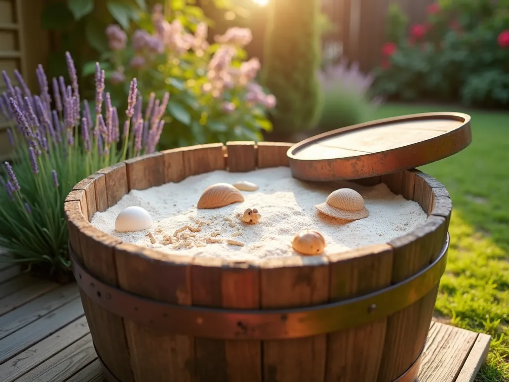 Wine Barrel Sand Pit in Rustic Garden - Close-up photo of a halved wine barrel sand pit in a sun-dappled garden setting, shot during golden hour. The rustic oak barrel is filled with pristine white play sand, with a partial wooden cover elegantly propped open. Small wooden toys and seashells scatter the sand naturally. The barrel sits on a weathered deck surrounded by soft ornamental grasses and flowering lavender. Natural wood grain texture visible on barrel staves, with copper bands adding character. Soft bokeh effect in background shows children's garden elements and climbing roses on a trellis. 16-35mm lens capturing intimate detail with subtle depth of field.