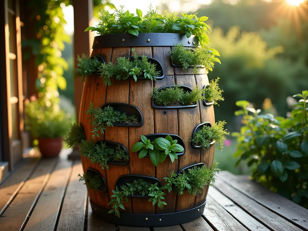 Spiral Wine Barrel Herb Garden - A professional DSLR photograph of a rustic oak wine barrel transformed into a vertical herb garden, captured during golden hour. The barrel stands proudly on a weathered wooden deck, with spiral-arranged horizontal openings carved along its sides. Lush herbs cascade from each opening - sage, thyme, rosemary, and basil creating a living tapestry of green textures. Soft evening sunlight filters through the herbs, casting gentle shadows across the barrel's rich wooden staves. The background shows a blurred cottage garden with climbing roses. Shot at f/8 with a wide-angle lens, emphasizing the barrel's unique spiral design while maintaining crisp detail of the fresh herbs. Natural wood grain and metal bands of the barrel add rustic charm, while water droplets on the herbs suggest recent care.