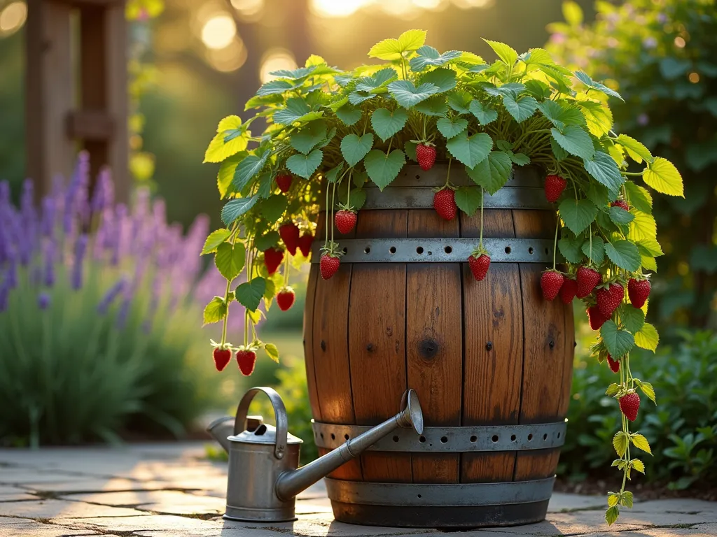 Strawberry Wine Barrel Tower at Sunset - A rustic oak wine barrel transformed into a vertical strawberry planter photographed during golden hour in a cottage garden setting. The barrel stands 4 feet tall on a stone patio, with cascading strawberry plants emerging from precisely drilled holes around its circumference. Lush green foliage and bright red strawberries spill dramatically downward in a living waterfall effect. Soft evening sunlight filters through the leaves, creating dynamic shadows and highlighting the barrel's weathered wood grain. The background features blurred lavender plants and climbing roses on a wooden trellis. Shot with a wide-angle lens at f/8, capturing both the entire barrel and the intricate details of the strawberry plants. A vintage watering can rests at the base, adding rustic charm.