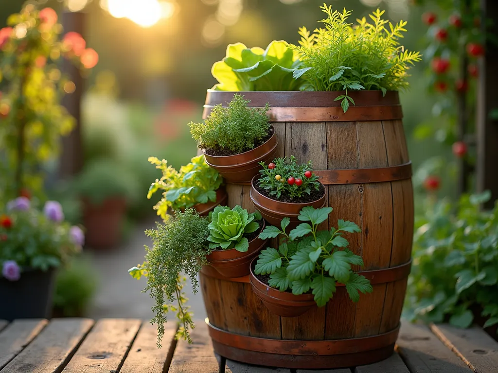 Vertical Wine Barrel Garden with Fresh Vegetables - An elegant repurposed oak wine barrel standing vertically on a rustic wooden deck, photographed during golden hour. The barrel features multiple tiered openings carefully cut into its sides, creating a cascade of growing pockets filled with vibrant lettuce, cherry tomatoes, and trailing herbs. Soft evening sunlight filters through the foliage, casting gentle shadows on the barrel's weathered wood. Small colorful vegetables peek out from the lush greenery, while cascading thyme and oregano spill over the edges. The background shows a blurred cottage garden setting with climbing roses on a trellis. Shot with a wide-angle lens at f/2.8, creating a dreamy bokeh effect while maintaining sharp detail on the barrel garden. Natural wood grain texture visible on the barrel's surface, with copper bands adding rustic charm.