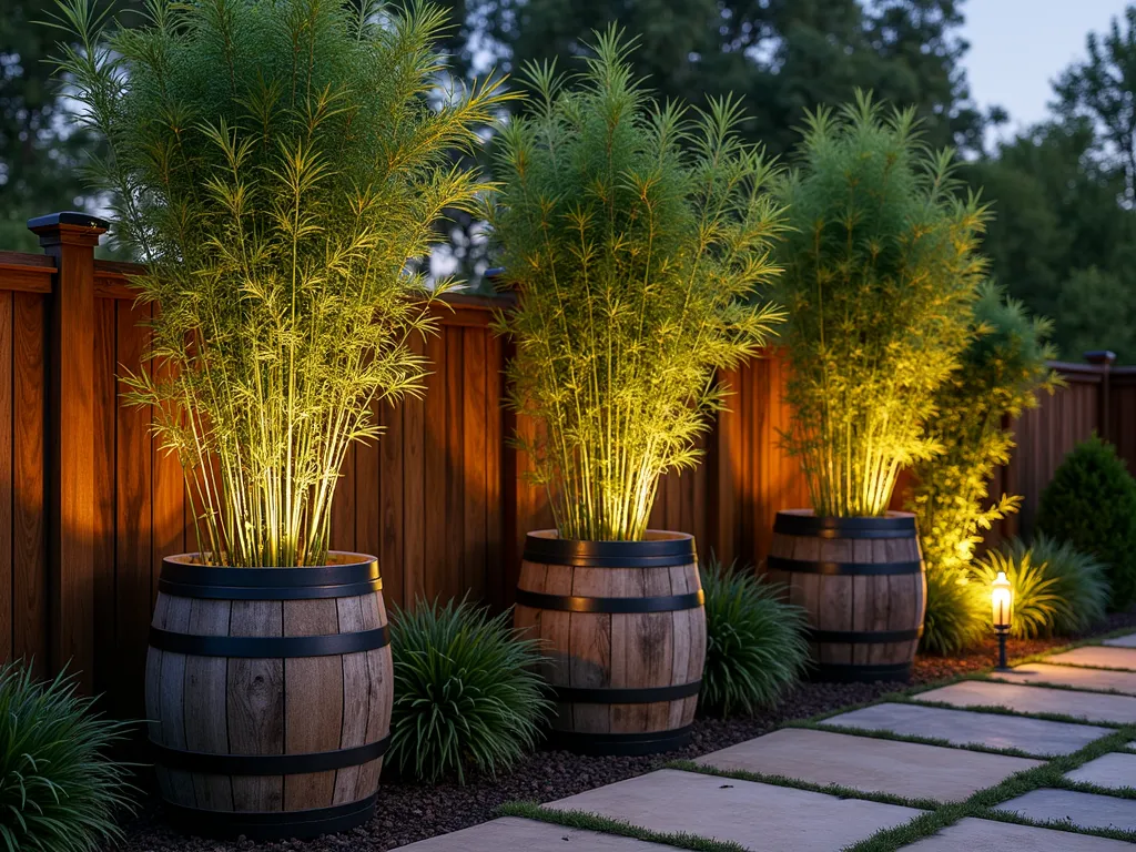 Wine Barrel Garden Divider with Bamboo - A serene twilight garden scene featuring three weathered oak wine barrels arranged in a staggered line, serving as natural dividers. Tall, emerald bamboo shoots and ornamental grasses emerge gracefully from the barrels, creating a living privacy screen. The barrels' rich wooden textures are highlighted by warm outdoor lighting, casting gentle shadows across a stone paved garden path. Behind the barrels, a cozy seating area is partially visible, while climbing jasmine delicately wraps around the barrel edges. Shot from a medium-wide angle with subtle depth of field, capturing the rustic charm and practical functionality of the garden design. Photography settings: 24mm, f/2.8, ISO 400, golden hour lighting.