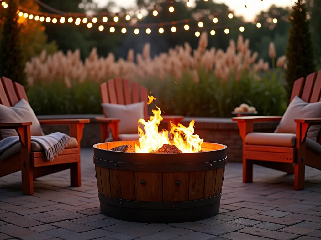 Rustic Wine Barrel Fire Pit at Dusk - A professionally photographed rustic scene featuring a repurposed wine barrel fire pit on a stone patio, shot at dusk. The barrel is horizontally halved and expertly converted into a fire pit with copper mesh ventilation holes. Dancing flames illuminate the rich wooden staves, creating warm golden reflections on the barrel's metal bands. The fire pit is surrounded by comfortable Adirondack chairs with cozy blankets, while string lights overhead create a magical ambiance. In the background, ornamental grasses sway gently, their silhouettes backlit by the setting sun. The scene captures both the architectural interest of the barrel fire pit and the inviting atmosphere of an evening garden gathering, photographed in a wide angle to show the context, with a slight vignette effect emphasizing the warm glow of the fire, photorealistic style.