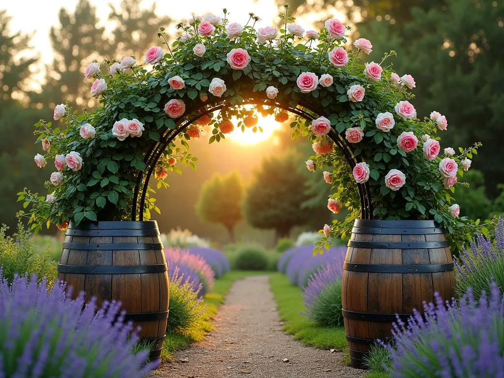 Romantic Wine Barrel Garden Arch - A stunning garden arch made from reclaimed oak wine barrels, shot during golden hour. Two authentic half-wine barrels form the base on each side of a curved metal archway. Lush climbing roses in soft pink and white cascade down the structure, with some blooms in full display. The arch creates an enchanting entrance to a cottage-style garden path lined with lavender. Soft evening light filters through the flowers, creating a magical atmosphere. The weathered wood of the barrels contrasts beautifully with the vibrant greenery and blooms. Wide-angle perspective captures the full height and grandeur of the 8-foot arch while showing surrounding garden context.