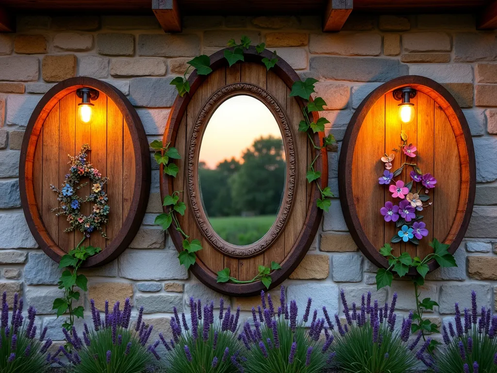 Rustic Wine Barrel Garden Art Wall - A beautiful dusk scene showing a rustic garden wall adorned with three weathered wine barrel sections mounted as circular frames. The center barrel frame showcases an ornate vintage mirror reflecting the golden sunset, while the side frames contain colorful metal garden art pieces. The barrel frames are enhanced by climbing Virginia Creeper vines, creating an organic blend of wood and greenery. Warm outdoor wall lighting casts a gentle glow on the textured stone wall surface, highlighting the barrel's rich wood grain. Shot at f/8 with a wide-angle lens to capture the entire artistic display while maintaining sharp detail throughout. The composition includes potted lavender plants at the base, adding a touch of purple and fragrance to the scene.