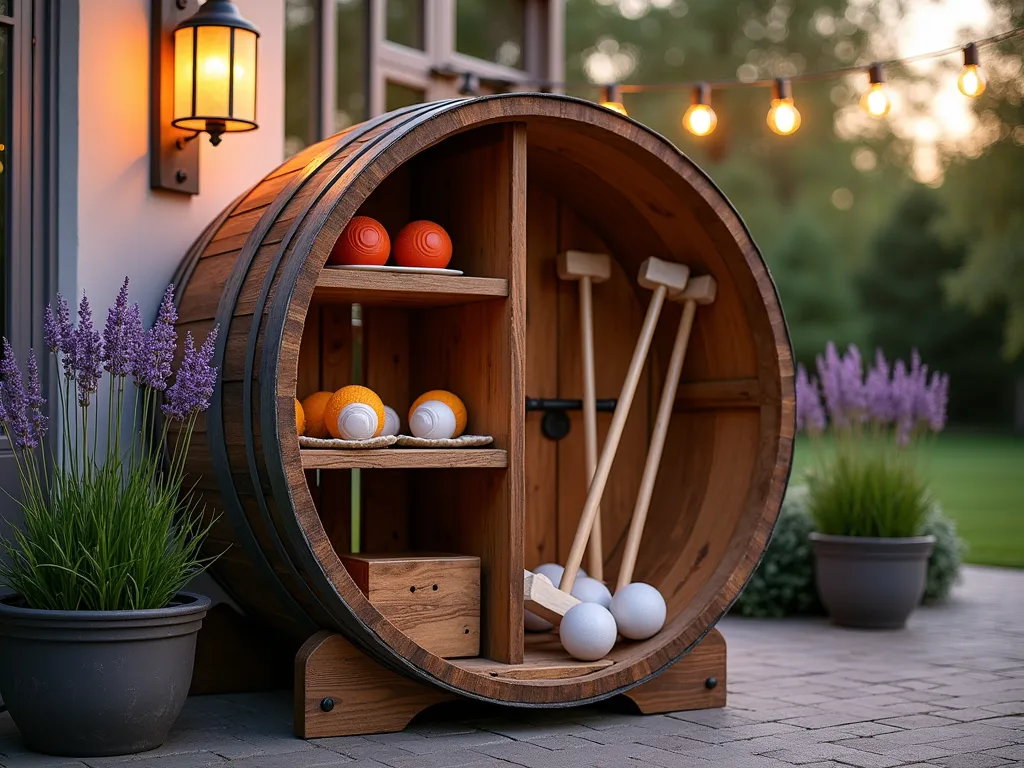 Wine Barrel Garden Game Storage at Sunset - A professionally photographed rustic wine barrel game storage unit positioned on a cozy patio corner at sunset. The barrel features custom-built wooden compartments and shelves, elegantly storing croquet mallets, bocce balls, and yard games. The barrel's rich oak patina contrasts beautifully with modern waterproof canvas linings. String lights overhead cast a warm glow, while potted lavender and ornamental grasses frame the scene. Shot with a wide-angle lens capturing both the detailed storage solution and the inviting garden atmosphere, with soft golden hour lighting highlighting the barrel's craftsmanship.