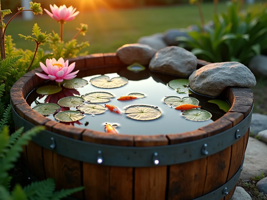 Wine Barrel Fish Pond at Sunset - A close-up photographic shot of a rustic oak wine barrel transformed into a serene garden pond, captured during golden hour. The barrel's rich wooden staves contrast beautifully with the crystal-clear water inside. Orange and white koi fish swim gracefully beneath floating water lily pads topped with pink blooms. The water surface reflects the warm sunset light, creating a magical shimmer. Small LED lights are partially visible around the barrel's rim, preparing to illuminate the scene at dusk. The pond is positioned on a natural stone platform surrounded by lush ferns and ornamental grasses, with a subtle water filtration system disguised by decorative river rocks. Shot with a shallow depth of field focusing on the water lilies and fish, creating a dreamy bokeh effect in the garden background. 16mm lens, f/2.8, ISO 400.