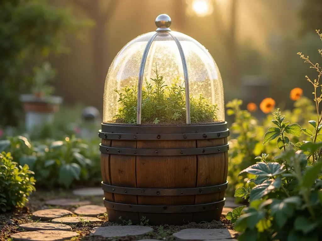 Wine Barrel Mini Greenhouse at Dawn - Photorealistic close-up shot of a rustic oak wine barrel transformed into an elegant mini greenhouse, featuring a clear geodesic polycarbonate dome top glinting in the soft dawn light. The barrel maintains its authentic wooden staves and metal bands while housing delicate seedlings and small herbs visible through the transparent dome. Surrounding the barrel greenhouse are scattered morning dew drops on companion plants and natural stone pavers in a cottage garden setting. Soft morning mist lingers in the background, creating a dreamy atmosphere with gentle sunbeams filtering through the dome, highlighting the condensation patterns on the interior.