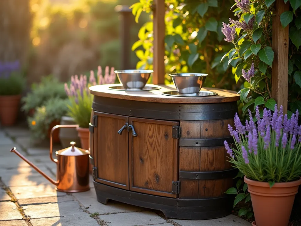 Wine Barrel Pet Feeding Station in Garden - A close-up shot at golden hour of a rustic wine barrel transformed into an elevated dog feeding station on a cozy garden patio. The barrel features two stainless steel bowls neatly inserted into a custom-cut top platform, with a hinged door below revealing organized pet supply storage. The barrel maintains its authentic wooden texture and metal bands, complemented by surrounding potted lavender plants and climbing jasmine on a nearby trellis. Warm sunlight filters through tree branches, casting gentle shadows across the scene, while a vintage copper watering can sits beside the barrel. Shot with shallow depth of field highlighting the craftsmanship of the feeding station. Digital camera, 16-35mm lens, f/2.8, ISO 400.