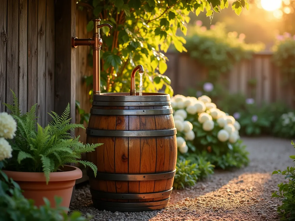 Rustic Wine Barrel Rain Harvesting System at Sunset - A professional photograph of an elegant oak wine barrel rain collection system in a lush garden setting at golden hour. The barrel features copper guttering and a vintage brass spigot, positioned against a weathered wooden fence draped with climbing jasmine. Crystal-clear water droplets glisten on the barrel's rich wooden surface, while the warm sunset light creates dramatic shadows across its metal bands. A terracotta pot with cascading ferns sits nearby, and a gravel path leads to the barrel. Shot with a wide-angle perspective at f/2.8, creating a dreamy bokeh effect in the background where hydrangeas and native perennials blur into soft colors. The scene demonstrates both functionality and rustic charm, with the barrel's natural patina complementing the garden's organic elements.