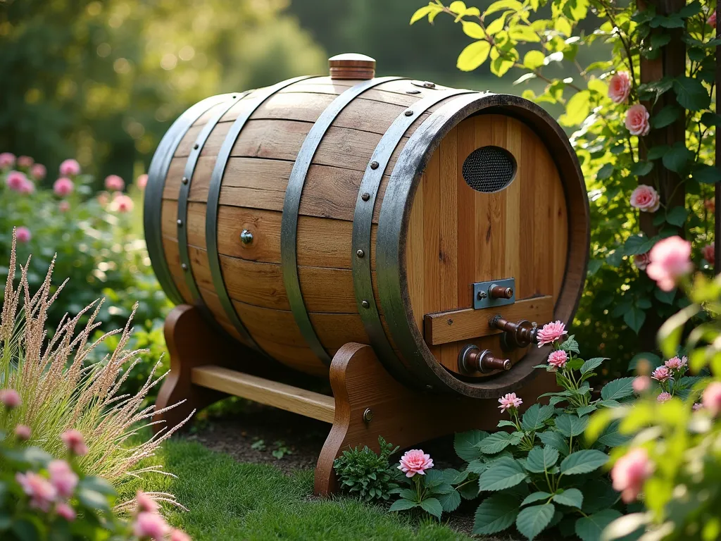 Rustic Wine Barrel Compost Tumbler - A vintage oak wine barrel mounted horizontally on a rustic wooden stand in a lush cottage garden, early morning sunlight filtering through nearby trees. The barrel features elegant copper fittings, mesh-covered ventilation holes, and a beautifully crafted wooden door for compost loading. Surrounding the natural wood-toned composter are flowering perennials and ornamental grasses, with climbing roses on a nearby trellis. The scene is captured at a 45-degree angle, showing both the practical functionality and aesthetic appeal of the barrel composter against a backdrop of established garden beds. Dew drops glisten on nearby foliage, creating a serene and sustainable garden vignette.