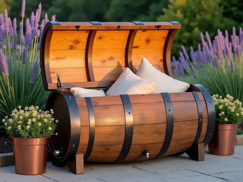 Wine Barrel Storage Bench in Garden Setting - A rustic repurposed wine barrel transformed into an elegant storage bench placed on a stone patio, photographed during golden hour. The barrel features a custom-fitted hinged wooden lid topped with a plush weatherproof beige cushion. The bench is positioned against a backdrop of blooming lavender and ornamental grasses, with soft evening light casting warm shadows. The lid is shown partially open to reveal organized garden tools and outdoor cushions inside. The barrel maintains its authentic oak wood texture and metal bands, enhanced with a weather-resistant finish. Decorative potted plants in copper containers flank both sides of the bench, creating an inviting garden vignette. Shot from a slight angle to showcase both the functionality and aesthetic appeal.