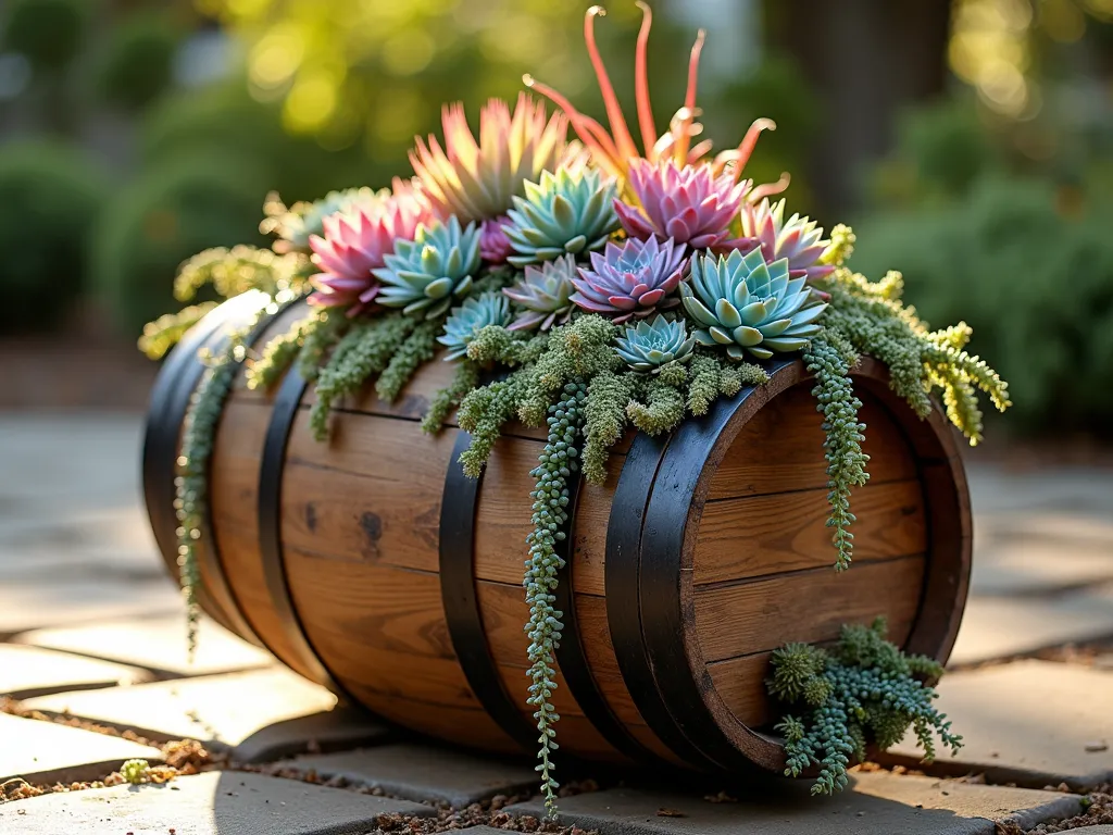 Wine Barrel Succulent Garden Display - A rustic wine barrel lying horizontally in a sunlit garden patio, photographed during golden hour. The barrel overflows with a stunning arrangement of colorful succulents in various sizes and textures. Echeveria, jade plants, and string of pearls cascade down the sides, creating a living waterfall effect. The rich mahogany tones of the weathered oak barrel contrast dramatically with the blue-green, purple, and pink hues of the succulents. Soft bokeh effect in the background shows glimpses of a stone patio and garden greenery. Shot at eye level with a shallow depth of field, emphasizing the intricate details of the succulent arrangement. Natural sunlight casts gentle shadows, highlighting the geometric patterns of the succulents and the barrel's metal rings. Professional photography, 16-35mm lens, f/2.8, ISO 400.