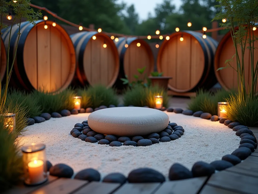 Zen Wine Barrel Meditation Corner - A serene garden meditation corner at dusk, photographed with a wide-angle lens capturing the intimate space enclosed by curved wine barrel staves arranged in a semi-circle. Soft ambient lighting illuminates a peaceful scene where weathered oak barrel sections create natural boundaries filled with fine white sand and carefully placed black river rocks in circular patterns. A comfortable low-profile meditation cushion in natural linen sits on a floating wooden platform, surrounded by minimal Japanese forest grass and dwarf bamboo. Stone lanterns cast gentle shadows across the space, while copper string lights weave through the barrel staves, creating a warm, ethereal atmosphere. The background shows blurred garden foliage, adding depth to the composition. Shot at f/2.8 to create beautiful bokeh effects with the evening lighting.