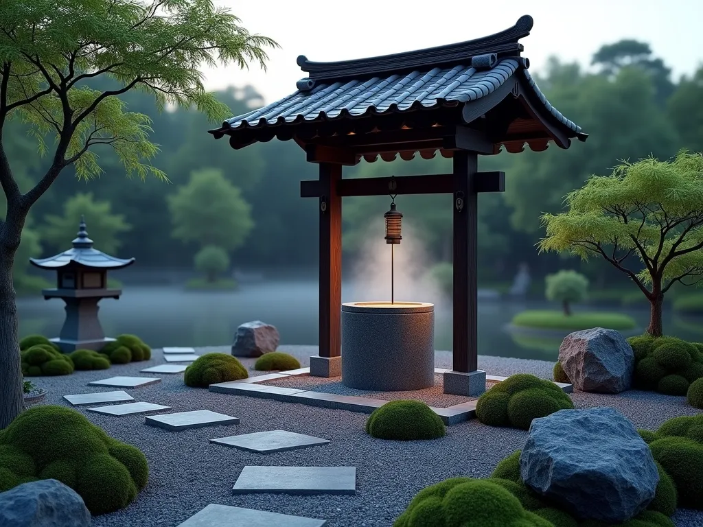 Serene Japanese Zen Wishing Well at Dusk - A tranquil Japanese-style wishing well crafted from natural stone and dark bamboo, photographed at dusk. The well features minimalist clean lines and is surrounded by carefully arranged granite rocks and lush green moss gardens. Gentle accent lighting illuminates the structure, casting subtle shadows on a gravel path lined with small Japanese maples. A stone lantern stands nearby, while wispy clouds of mist hover above the ground, creating an ethereal atmosphere. The scene is captured in a wide-angle perspective, showing the well as a meditative focal point within a larger Japanese garden setting, complete with bamboo water features and carefully pruned bonsai trees.