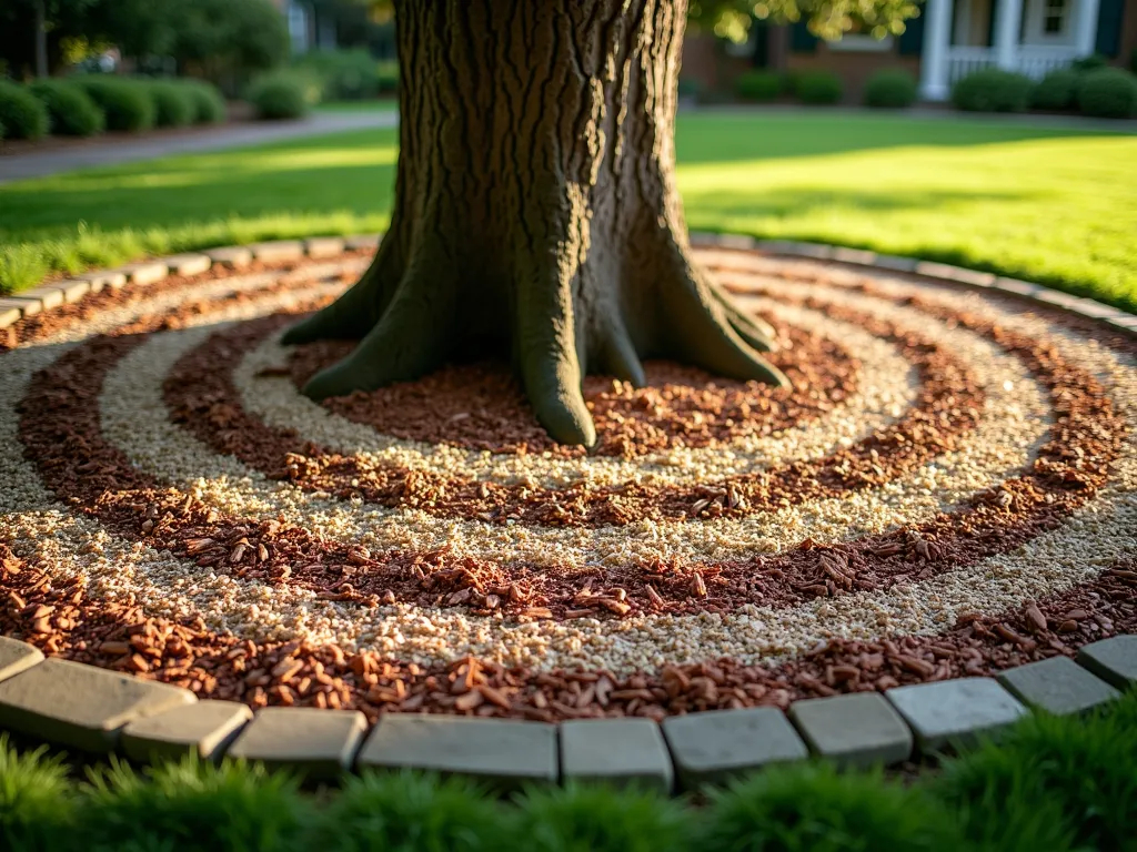 Artistic Tree Ring Mulch Design - A close-up photograph of a majestic oak tree base surrounded by an intricate mandala-like pattern created with concentric circles of wood chips in varying natural tones - rich mahogany, golden cedar, and silvered pine. The circular design radiates outward in perfectly symmetrical rings, each layer distinctly separated and carefully arranged. Soft late afternoon sunlight filters through the tree's canopy, casting dappled shadows that enhance the texture and depth of the wood chip pattern. The surrounding landscape is tastefully blurred but suggests a well-maintained garden setting with lush green grass edges. A natural stone border frames the entire circular design, adding a professional finishing touch to the artistic mulch installation. Shot from a 45-degree angle to showcase both the pattern detail and the tree's impressive trunk.