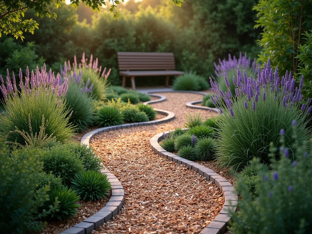 Cedar-Lined Herb Garden Pathways at Dusk - A tranquil herb garden at dusk with winding cedar wood chip pathways creating an organized geometric pattern through raised herb beds. The paths are 2 feet wide, lined with fresh aromatic cedar chips that contrast beautifully against the lush herbs. Mediterranean herbs like lavender, sage, and rosemary spill over the edges of the beds. Soft garden lighting illuminates the paths, creating a warm golden glow that highlights the texture of the cedar chips. A rustic wooden bench sits at the intersection of paths, surrounded by thyme ground cover. Shot from a 45-degree elevated angle to showcase the garden's layout and the natural integration of the pathways. Atmospheric mist hovers just above the herbs, carrying their fragrant essence. Photorealistic, high detail, botanical garden style.