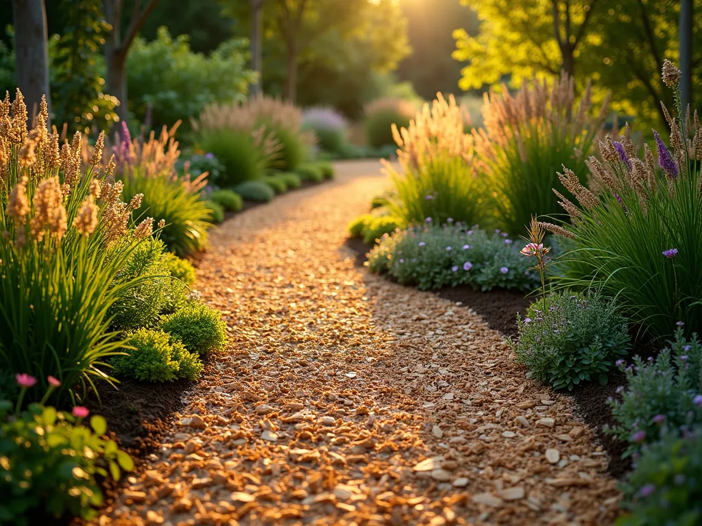 Natural Wood Chip Garden Path at Sunset - A winding garden path made of natural wood chips meandering through lush garden beds, captured during golden hour. The path has varying shades of decomposing wood chips, from fresh golden-brown to darker, enriched segments that are nurturing the adjacent plants. Vibrant perennials and ornamental grasses line both sides of the path, their roots visibly thriving in the enriched soil where the path meets the beds. Dappled sunlight filters through overhead trees, creating a magical interplay of light and shadow on the textured surface of the path. A close-up perspective shows the gradual transition of wood chips integrating into the soil, with small shoots of beneficial plants emerging along the edges.