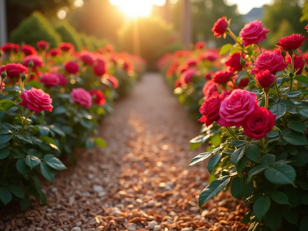 Elegant Rose Garden with Wood Chip Mulch - A stunning close-up garden scene at golden hour, featuring vibrant red and pink rose bushes in full bloom against a neat backdrop of natural cedar wood chip mulch. The late afternoon sun casts warm, gentle shadows across the garden, highlighting droplets of dew on the rose petals. The wood chips create a clean, textured carpet beneath the roses, forming elegant curved borders. The composition shows multiple layers of roses at different heights, creating depth, with some roses in sharp focus in the foreground and others softly blurred in the background. Professional garden photography, high detail, soft natural lighting, 85mm lens perspective.