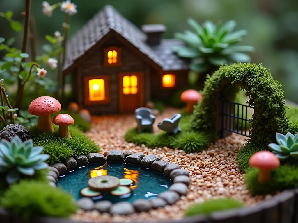 Enchanted Wood Chip Fairy Garden - A close-up magical twilight scene of a meticulously crafted fairy garden nestled in fine cedar wood chips, featuring a rustic miniature cottage with glowing windows, surrounded by tiny succulents and moss gardens. Delicate fairy lights illuminate handcrafted mushrooms, while miniature pathways lined with crushed shells wind through diminutive flowering plants. A small reflecting pool with water lilies adds depth, complemented by carefully placed miniature garden furniture and a wrought iron archway covered in miniature climbing vines. The wood chip base creates a natural, forest-floor texture, with strategic moss placement adding varying shades of green. Soft, warm lighting creates an ethereal atmosphere, casting gentle shadows across the whimsical scene.