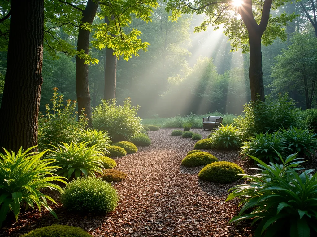 Enchanted Woodland Garden Floor - A serene wide-angle shot of a shaded backyard garden path at dawn, with dappled sunlight filtering through a canopy of tall trees. The ground is covered in a carefully layered woodland garden floor using varying depths of natural wood chips, creating an authentic forest floor texture. Clusters of native ferns, delicate hostas, and woodland wildflowers emerge from the wood chip mulch. Scattered patches of moss add pops of emerald green, while ornamental mushrooms dot the landscape. The path meanders through the space, with larger wood chips defining its edges, transitioning to finer chips in planting areas. Morning mist hovers slightly above the ground, creating an ethereal atmosphere. The scene is photographed in high detail, emphasizing the rich, organic textures and natural color palette of browns, greens, and silver-grays.