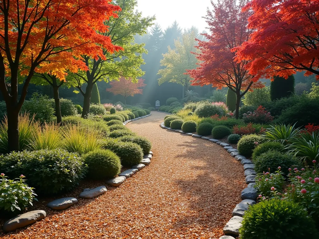 Four Seasons Wood Chip Garden Path - A winding garden path lined with wood chips showcasing all four seasons in a single artistic composition. The path curves through a lush garden where Japanese maples transition from spring green to summer fullness to autumn red to winter silhouettes. Natural stone borders edge the wood chip path, while ornamental grasses, evergreen boxwoods, and flowering perennials create year-round structure. Early morning light casts long shadows across the textured wood chips, highlighting their rich amber tones. In the foreground, close-up detail of premium cedar wood chips provides texture, while the wide-angle background reveals the garden's seasonal tapestry with blooming hellebores, summer hydrangeas, fall chrysanthemums, and winter berries. Atmospheric fog adds depth to the scene.