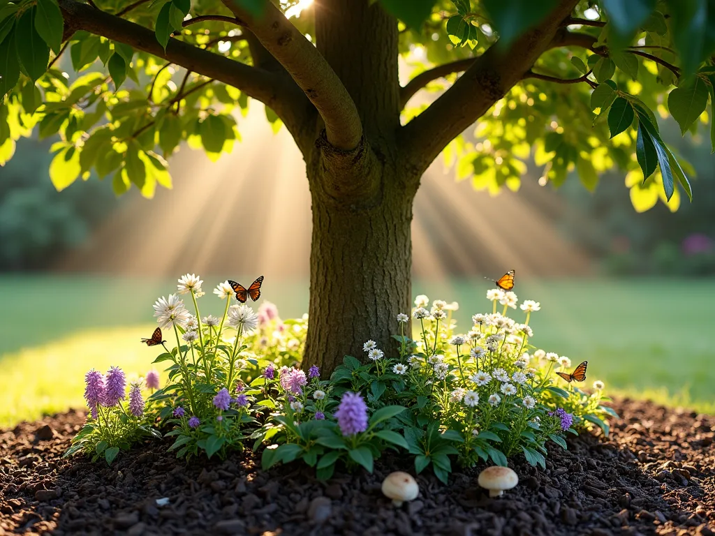 Thriving Fruit Tree Guild with Wood Chip Mulch - A serene late afternoon garden scene featuring a mature apple tree surrounded by a lush permaculture guild, shot from a low angle. Rays of golden sunlight filter through the tree's canopy, illuminating a circular bed of dark wood chip mulch extending 6 feet from the trunk. The guild showcases layers of companion plants: purple flowering comfrey, chamomile with white blooms, and creeping thyme creating a living carpet over the wood chips. Beneficial mushrooms peek through the mulch, while butterflies and bees hover around the flowers. The rich, organic environment demonstrates perfect soil ecology, with the wood chips creating a natural, forest-floor aesthetic. Photorealistic, high detail, soft natural lighting, f/2.8 aperture.