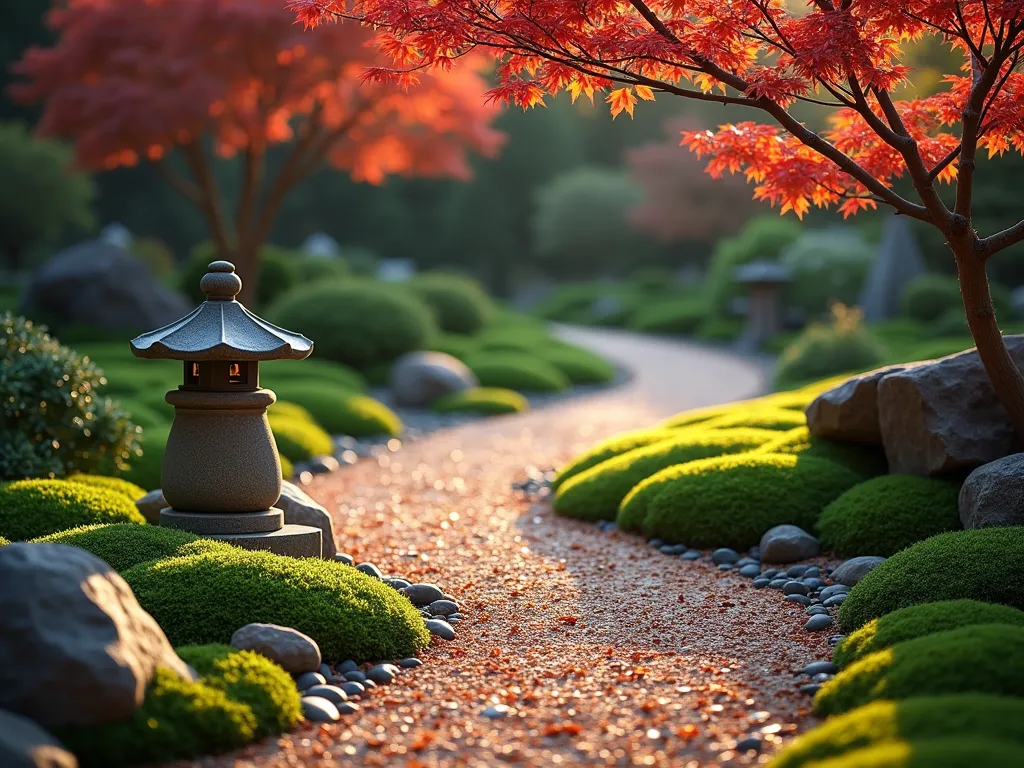 Serene Japanese Garden with Wood Chip Pathways - A tranquil Japanese garden at dusk featuring a winding pathway made of natural cedar wood chips, bordered by lush green moss gardens. The scene includes traditional elements like a stone lantern casting soft shadows, carefully placed boulders, and a small maple tree with delicate red leaves. Fine wood chips create subtle transitions around moss patches, while larger chips define the meandering path. The composition is photographed from a low angle, capturing the interplay of textures between the different wood chip grades and the surrounding elements. Gentle evening light filters through the maple branches, creating a peaceful atmosphere enhanced by the natural materials.