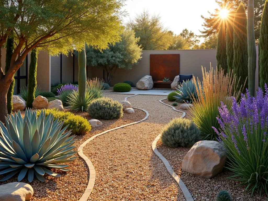 Modern Xeriscape Garden with Wood Chip Design - A serene wide-angle view of a modern drought-resistant garden at golden hour, featuring flowing curves of honey-colored wood chips creating organic pathways between clusters of architectural succulents and ornamental grasses. Blue agave and tall desert spoon plants cast dramatic shadows across the textured wood chip mulch, while purple sage and lavender provide subtle color accents. Stone boulders emerge naturally from the landscape, and a contemporary cor-ten steel water feature adds a striking focal point. The low-maintenance design showcases perfect harmony between sustainable landscaping and aesthetic appeal, with the warm sunlight highlighting the various textures and layers of the xeriscaped space.