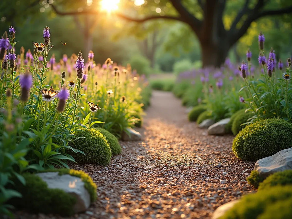 Native Plant Garden with Wood Chip Foundation - A serene and natural garden scene at golden hour, featuring a winding wood chip path through native wildflowers and grasses. The path is bordered by clusters of purple coneflowers, black-eyed susans, and native ferns emerging from a thick, natural wood chip base that resembles a forest floor. Dappled sunlight filters through mature oak trees overhead, casting warm shadows across the textured wood chip surface. Small native butterflies and bees hover around the flowering plants, while moss-covered rocks accent the pathway edges. The composition is captured from a low angle perspective, emphasizing the natural layering of plants and the rich, earthy texture of the wood chips.