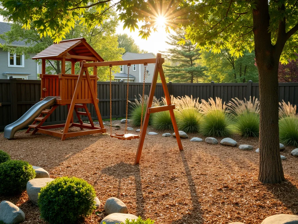 Natural Wood Chip Playground Haven - A serene backyard playground area at golden hour, featuring a modern wooden swing set nestled on a thick bed of natural cedar wood chips. The play area is thoughtfully bordered by rounded river rocks and dotted with evergreen shrubs. Safe fall zones are clearly visible with deeper wood chip padding, while ornamental grasses sway in the background creating a soft, natural barrier. A wooden climbing structure with a slide is partially visible, showcasing the wood chips' protective cushioning properties. The scene is captured from a wide angle, with dappled sunlight filtering through mature maple trees overhead, creating warm patterns on the wood chip surface.