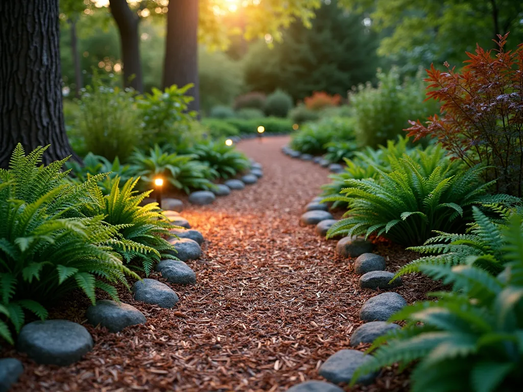 Enchanted Woodland Chip Path at Dusk - A winding garden path made of mixed-color wood chips meandering through a residential backyard, photographed at dusk with soft golden hour lighting filtering through overhead trees. The natural path is bordered by ferns, hostas, and native woodland flowers, creating a lush, forest-like atmosphere. The wood chip path, featuring rich browns and auburn tones, is wide enough for comfortable walking and appears soft and inviting. Low-voltage landscape lighting discreetly illuminates the path edges, creating a magical ambiance. A shallow depth of field focuses on the textural details of the wood chips while the background shows dappled light through tree canopy. Moss-covered stones occasionally line the path edges, adding to the woodland aesthetic.