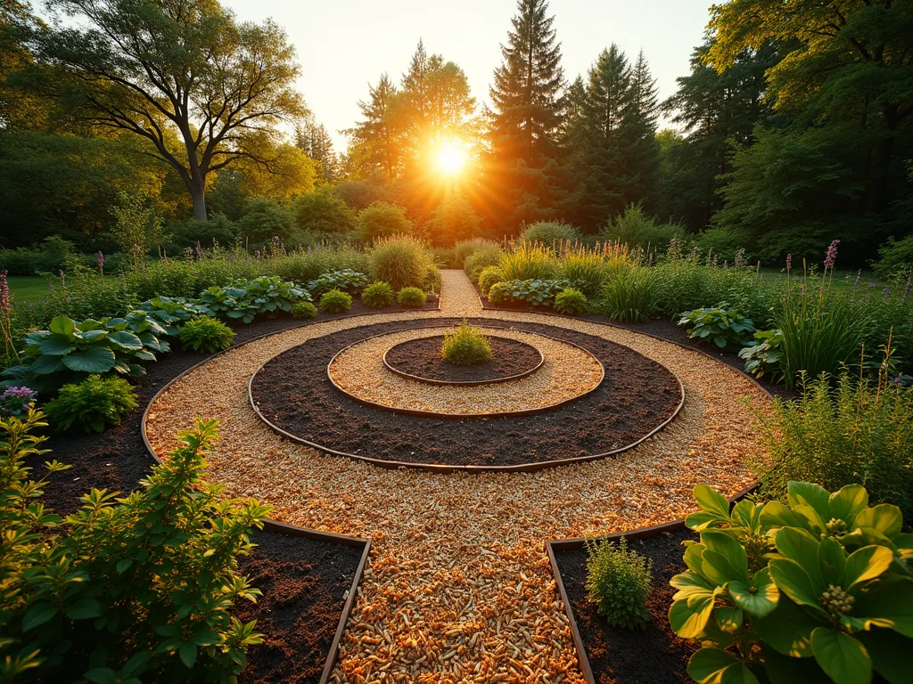 Permaculture Wood Chip Garden Zones at Sunset - A stunning wide-angle photograph of a well-organized permaculture garden at golden hour, featuring distinct zones separated by curved wood chip pathways. The garden showcases concentric circles radiating outward from a central herb spiral, with each zone clearly defined by natural wood chip borders. In the foreground, a vegetable garden transitions into a food forest through graduated levels of wood chip mulch. The warm sunset light filters through fruit trees, casting long shadows across the textured wood chip paths. Native flowering plants and herbs border the paths, while beneficial insects hover above. The scene demonstrates a harmonious blend of function and beauty, with varying heights of vegetation creating a layered, three-dimensional landscape. The wood chips create a natural, earthy color palette that complements the lush greenery.