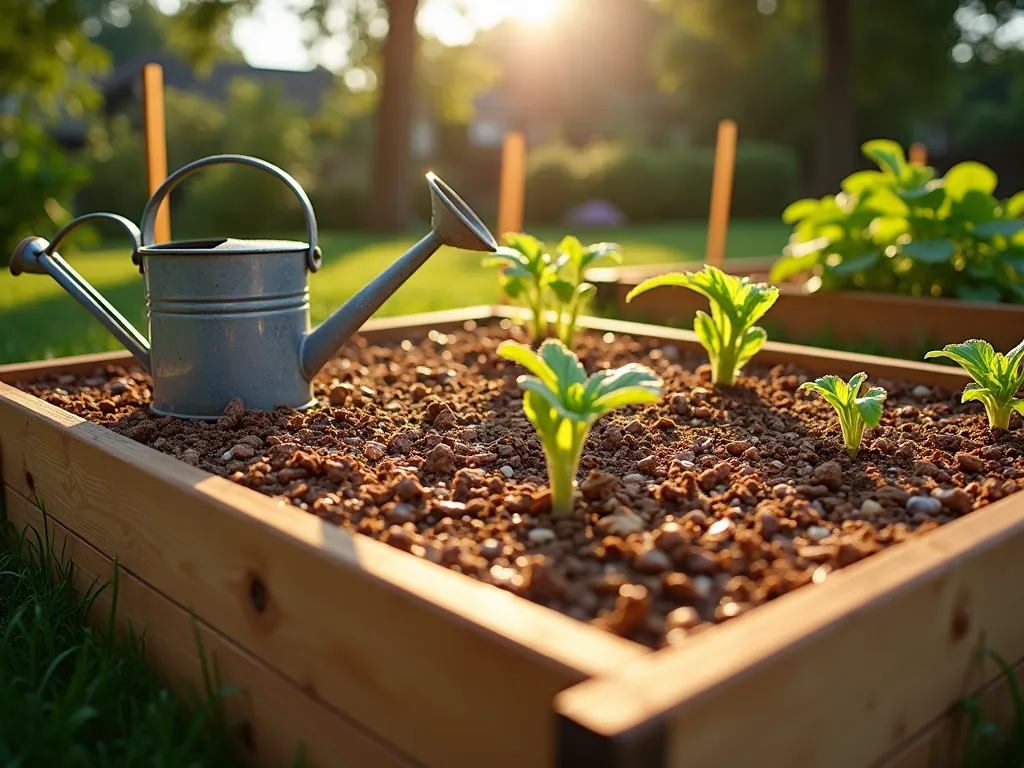 Rustic Raised Garden Bed with Layered Wood Chip Mulch - Close-up view of a well-maintained cedar raised garden bed at golden hour, filled with rich dark soil and topped with a neat layer of fresh golden-brown wood chips. Young vegetable seedlings emerge through the mulch while water droplets glisten on the wood chips. The texture of the mulch is clearly visible, showing varying sizes of chips creating a natural, protective blanket. Sunlight filters through nearby trees, casting dappled shadows across the garden bed, while a vintage metal watering can rests at the corner. The bed is surrounded by a neat lawn and features markers for different vegetables.