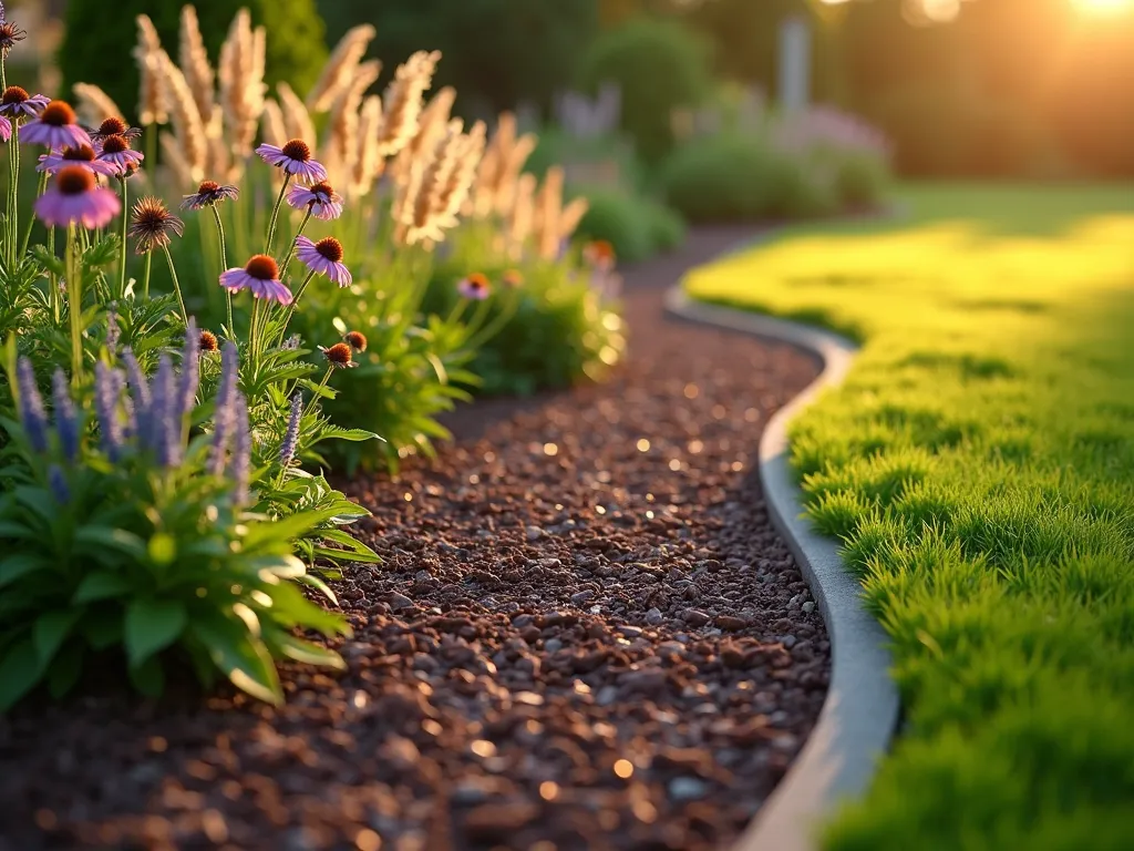 Natural Wood Chip Garden Border at Sunset - A close-up perspective of a curved garden border at golden hour, showing dark brown wood chips creating a clean, defined edge between a lush perennial garden and a manicured lawn. The wood chips form a natural, 4-inch-wide rustic border that gracefully winds through the landscape. Native ornamental grasses and purple coneflowers sway gently along the border, while the setting sun casts warm shadows across the textured wood chips, highlighting their organic, varied shapes. The scene captures the seamless transition between garden spaces, with the wood chips providing a sophisticated yet natural boundary that complements both the formal lawn and the wild garden aesthetic.