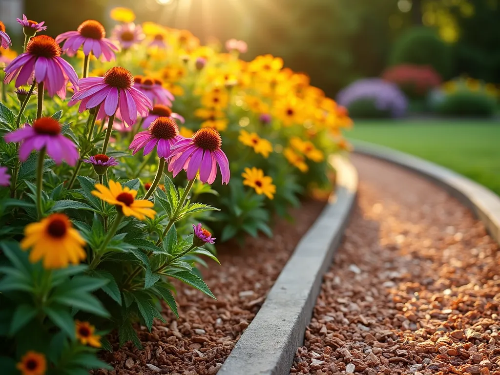 Seasonal Flower Border with Wood Chip Frame - A stunning garden border at golden hour, featuring vibrant purple coneflowers, pink cosmos, and yellow black-eyed susans in full bloom against a crisp, natural cedar wood chip border. The wide-angle perspective shows the flowing curve of the border, with the wood chips creating a neat, contrasting light brown frame that emphasizes the colorful flowers. Soft evening light casts long shadows across the mulched area, highlighting the texture of the wood chips while dew drops sparkle on flower petals. The border is perfectly maintained with clear definition between the blooming perennials and the wood chip edging, demonstrating both aesthetic appeal and practical garden design.