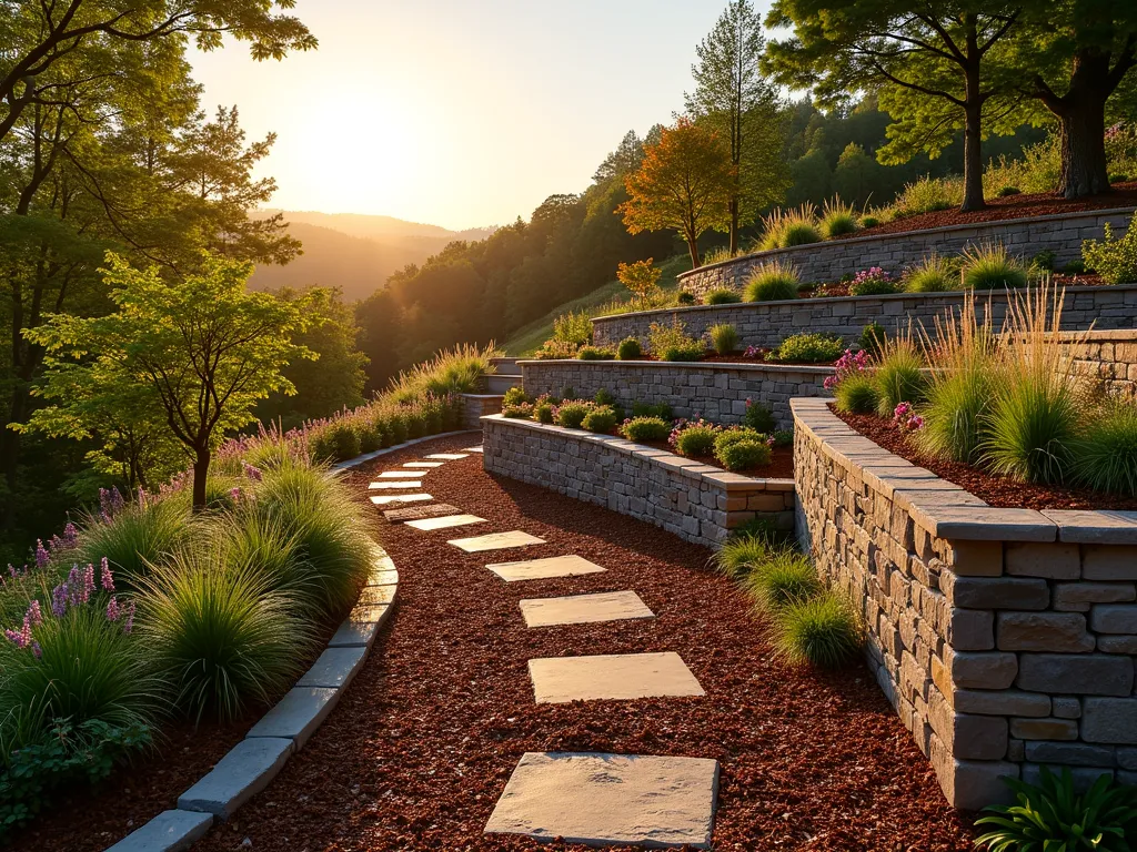 Terraced Wood Chip Garden at Sunset - A stunning wide-angle view of a terraced hillside garden at sunset, featuring multiple levels of beautifully maintained garden beds stabilized with rich brown wood chips. The terraces cascade down a gentle slope, with the wood chips creating clean, defined edges between levels. Natural stone retaining walls support each terrace, while ornamental grasses, flowering perennials, and small shrubs add texture and color. The golden evening light casts long shadows across the wood-chip covered terraces, highlighting their contours and the careful 3-4 inch depth of the mulch. Small stepping stones wind through the terraces, and a peaceful Japanese maple adds a focal point. The composition shows both the aesthetic appeal and practical erosion control of the wood chip application, with the entire scene captured in photorealistic detail, 8K resolution.