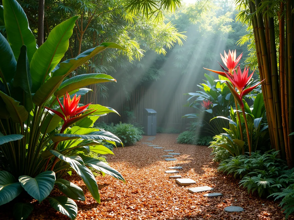 Lush Tropical Garden with Wood Chip Base - A serene late afternoon garden scene featuring exotic tropical plants emerging from a rich bed of cedar wood chips, photographed at eye level. Giant bird of paradise leaves cast dramatic shadows while tall bamboo creates a natural privacy screen in the background. Red and pink heliconias pop against the dark mulch, while delicate mist rises from the humid wood chip foundation. Dappled sunlight filters through the canopy, creating a magical jungle-like atmosphere. The wood chips form elegant curved pathways between the tropical specimens, their warm golden-brown color complementing the lush greenery. A stone water feature adds gentle ambient sound, with small tropical ferns sprouting from the wood chip base nearby.